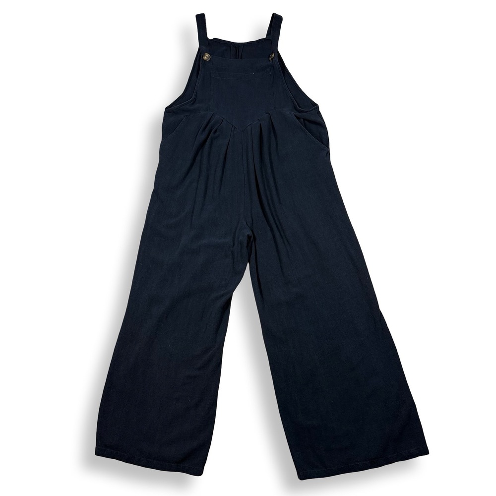 Black Wide Leg Bib Front Overalls Jumpsuit Pleated Waist Pockets Womens